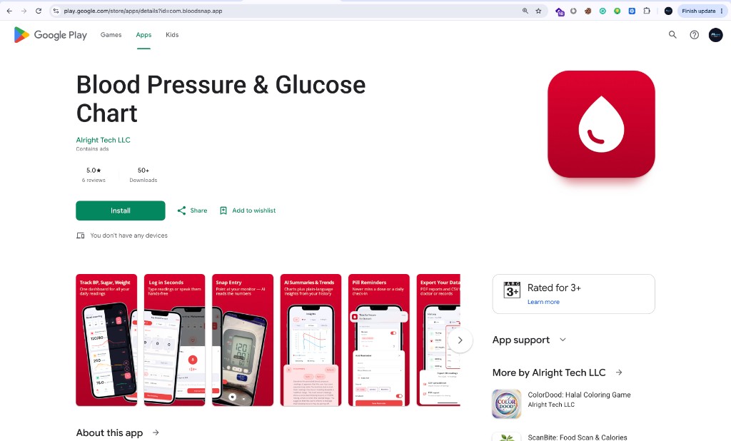 Blood Snap (Blood Pressure & Glucose Chart) — free blood pressure and glucose diary on Google Play and the App Store.