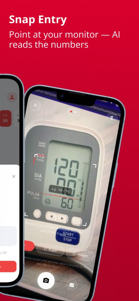 Blood Snap Snap Entry: point the camera at a home blood pressure monitor so the app can read the numbers.
