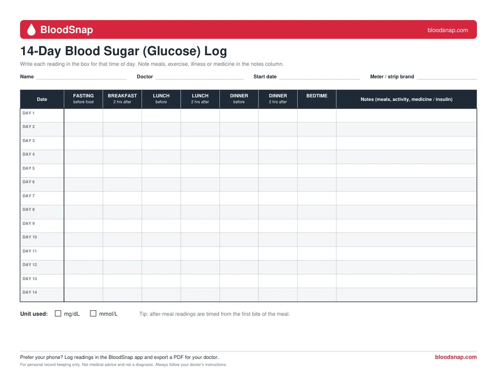 Printable blood sugar log PDF, 14-day glucose chart