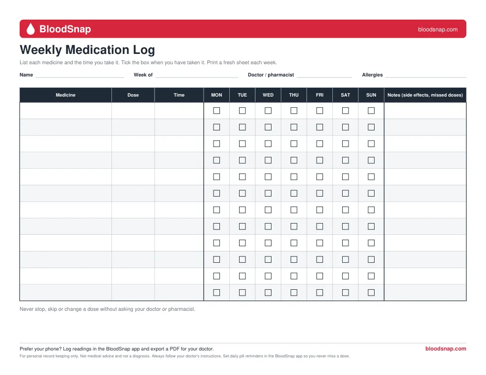 Printable medication log PDF, weekly pill tracker